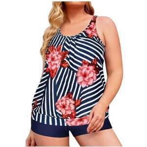 NWT YONIQUE Blouson Tankini Striped Floral Top
